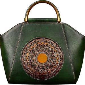 New Green Leather Handbag Embossed Mandela Design Handle and Shoulder Strap